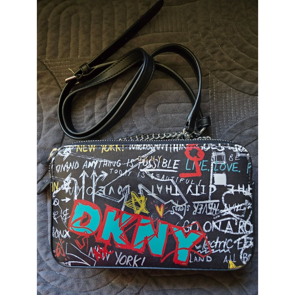 Dkny Black Graffiti Print Crossbody Bag With Double Zipper Compartments & Adjust